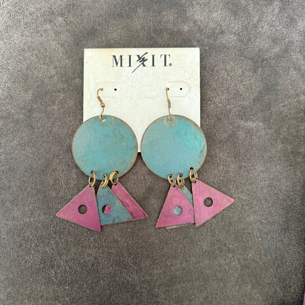 Mixit Vintage Geometric Dangle Earrings With Green & Pink Metal Shapes